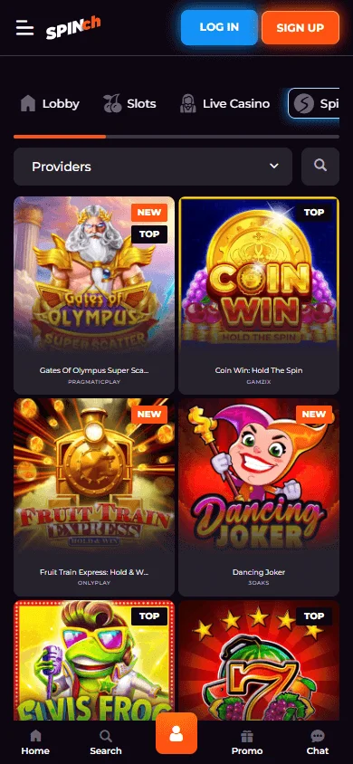 Spinch Casino games area on a mobile screen