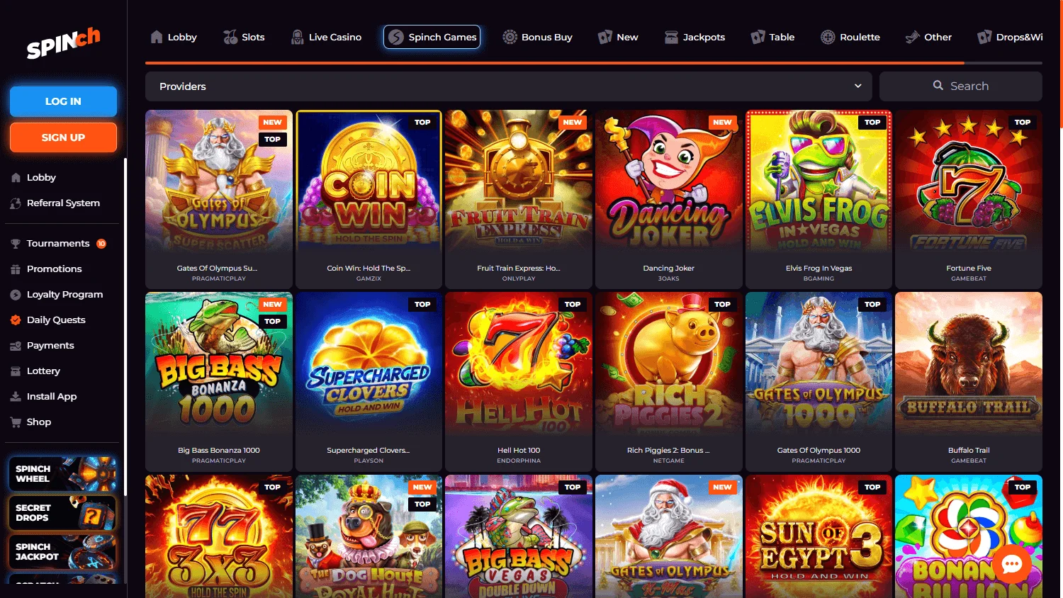 Spinch Casino games area on a desktop screen