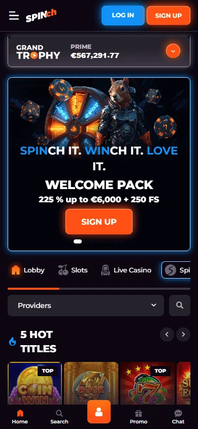Spinch Casino home page on a mobile screen
