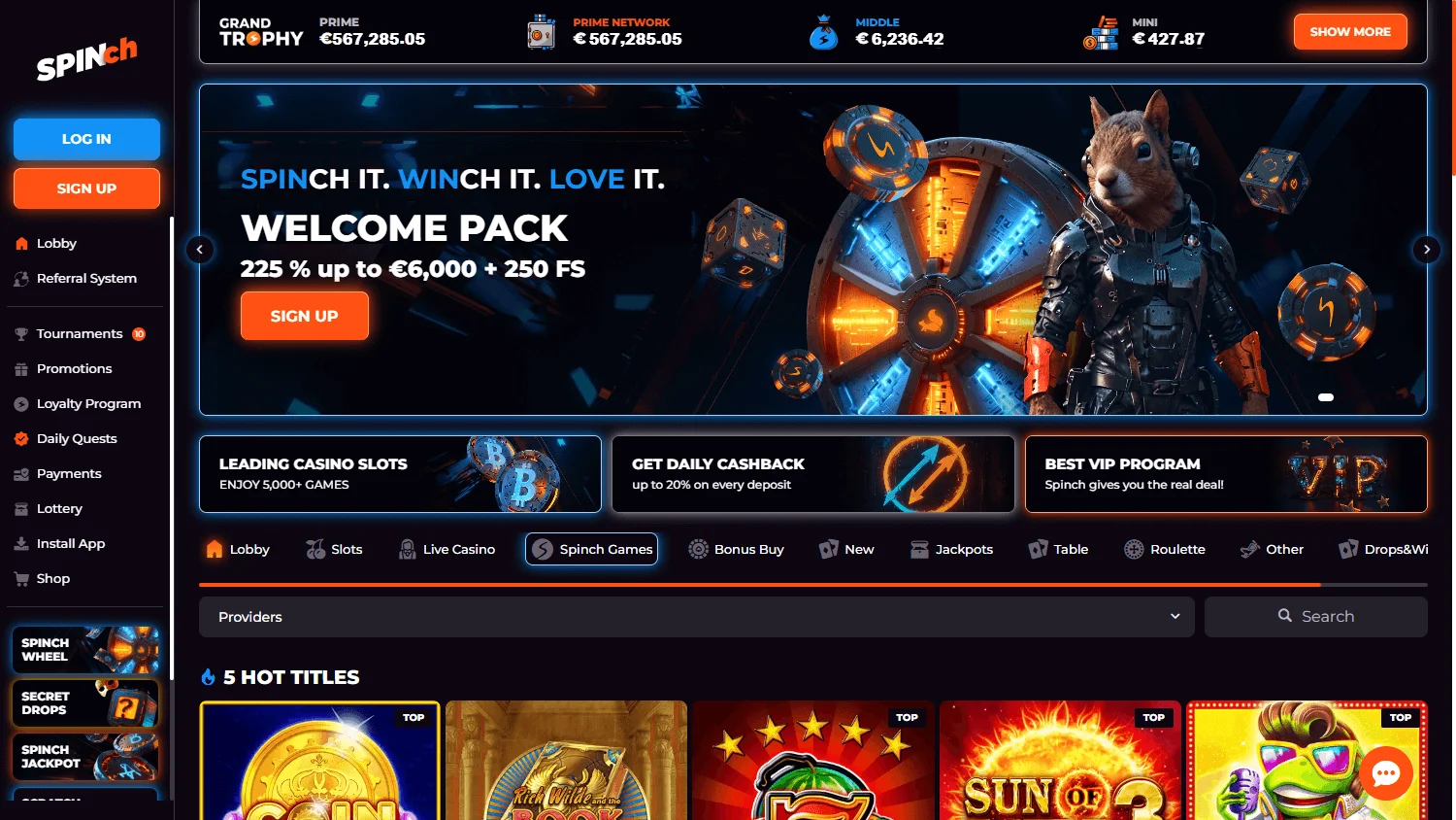 Spinch Casino home page on a desktop screen