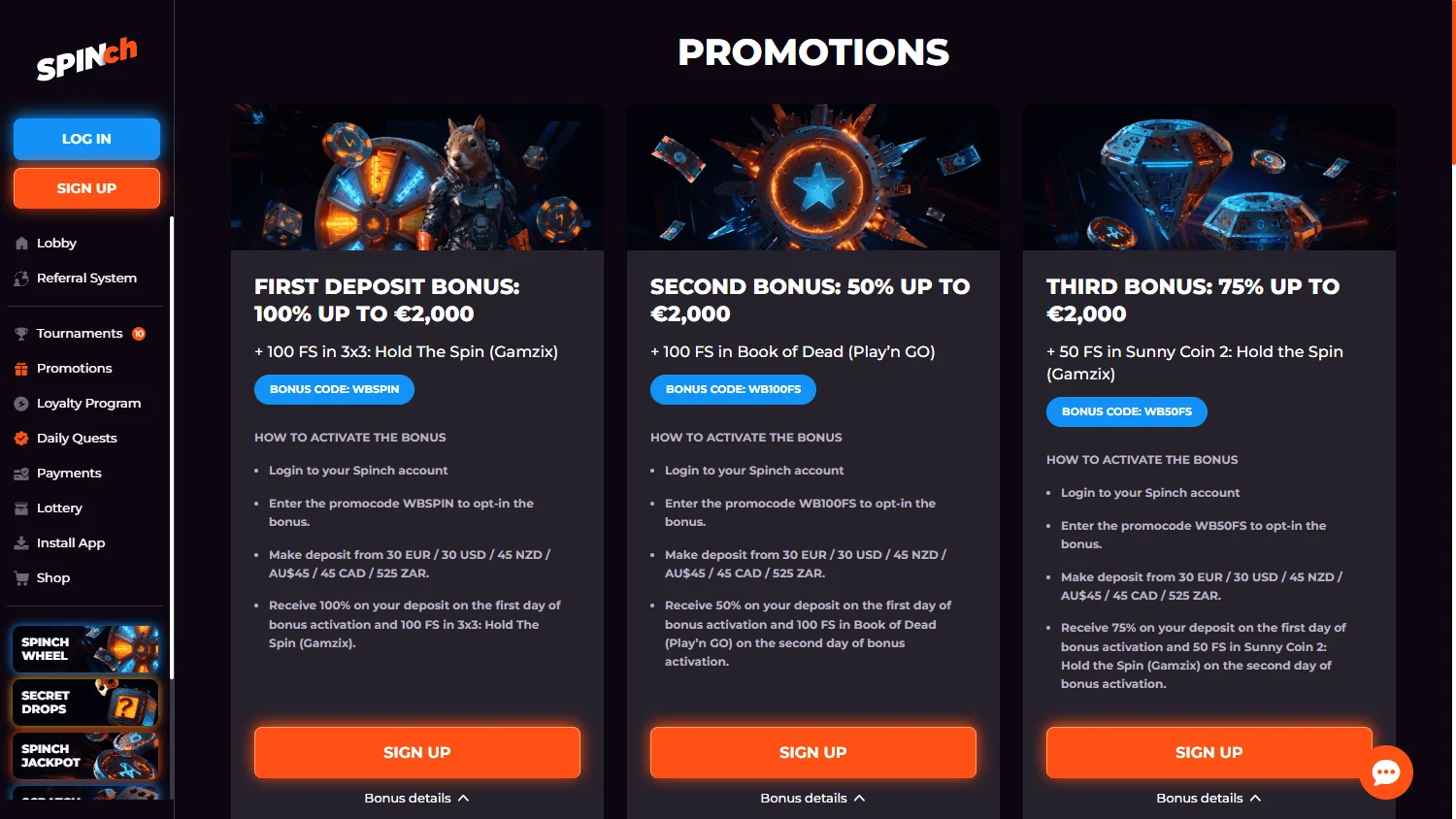 Spinch Casino promotions area on a desktop screen