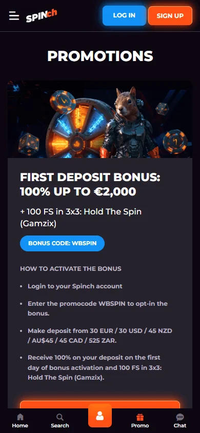 Spinch Casino promotions area on a mobile screen